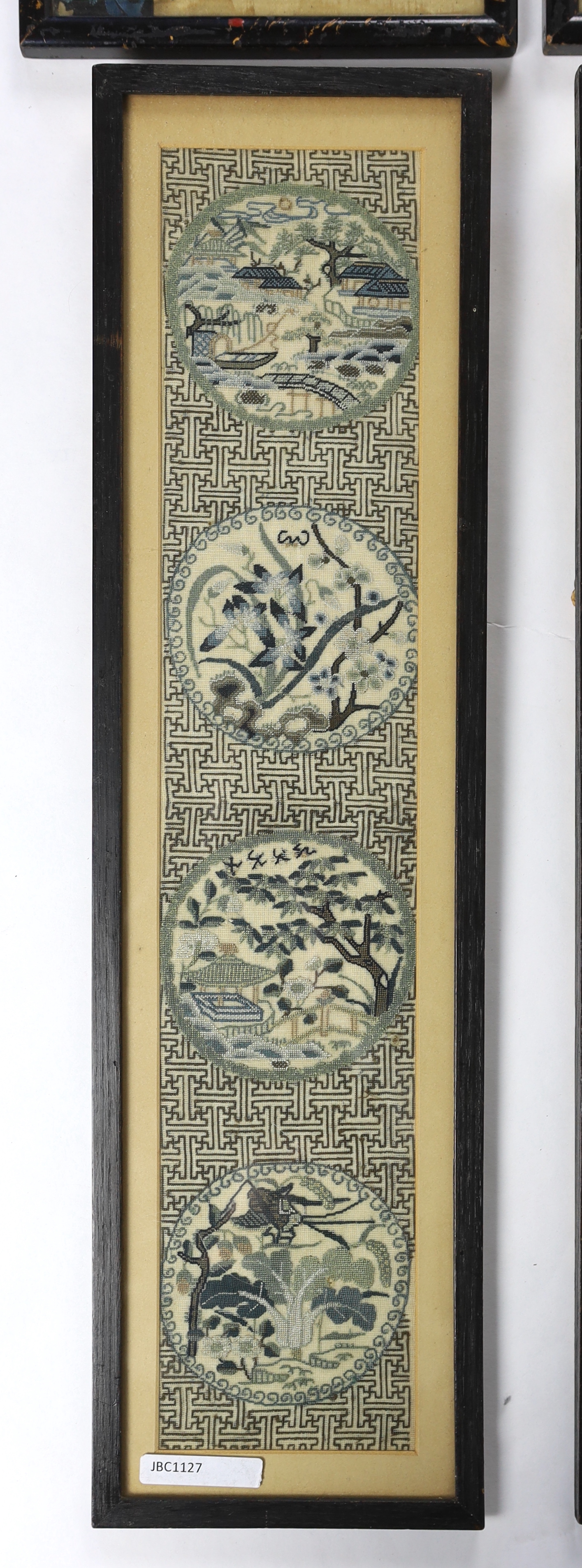 Two pairs of 19th century framed Chinese silk embroidered sleeves bands, one pair embroidered in fine silk petit point on a muslin ground, designed with four roundel scenes on a stylised brick designed background, the ot